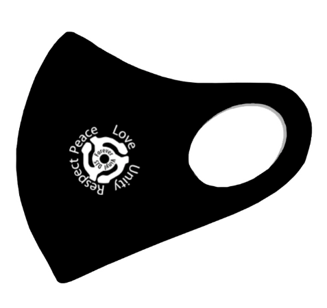 Forever Vinyl DJs logo with Peace Love Unity Respect on a face mask.